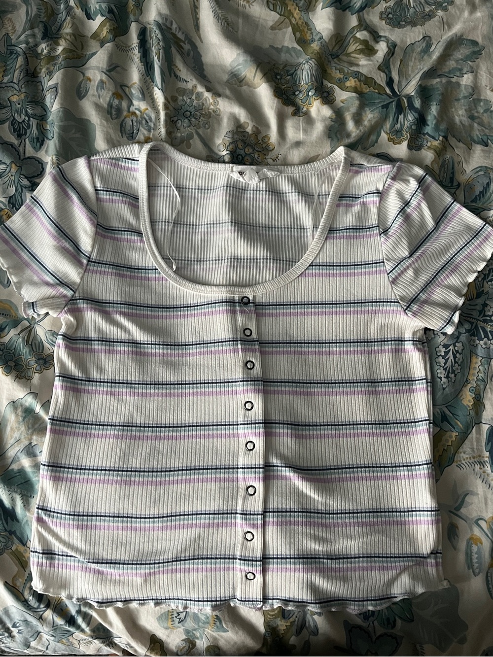 Pink Rose White Tee with Lavender & Navy Stripes